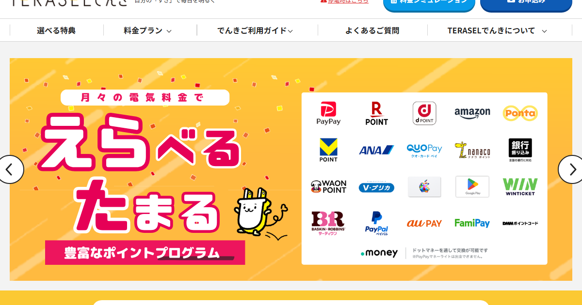 TERASELでんき公式サイトのトップページ