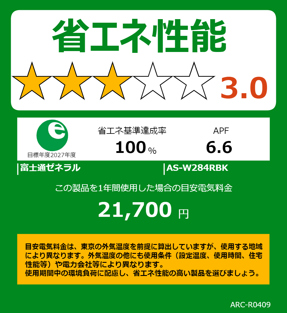 AS-W284RBKの省エネラベル