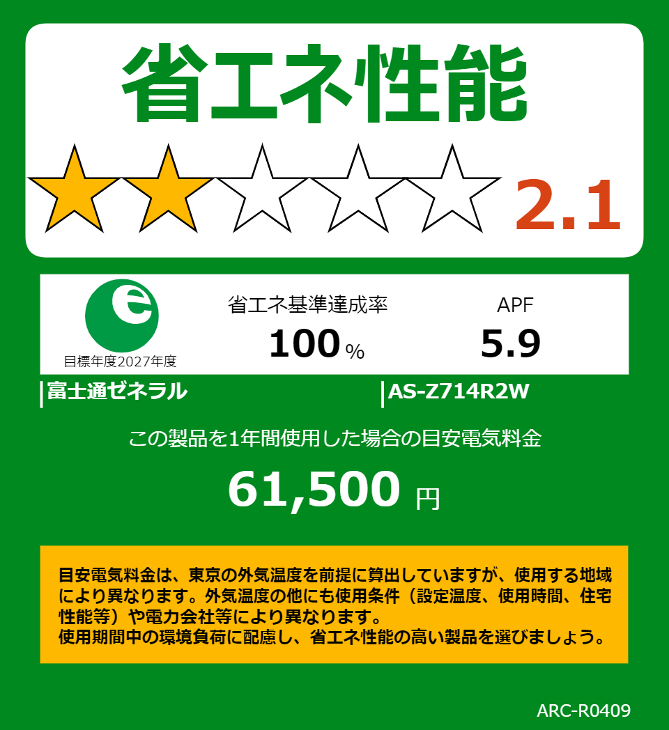 AS-Z714R2Wの省エネラベル
