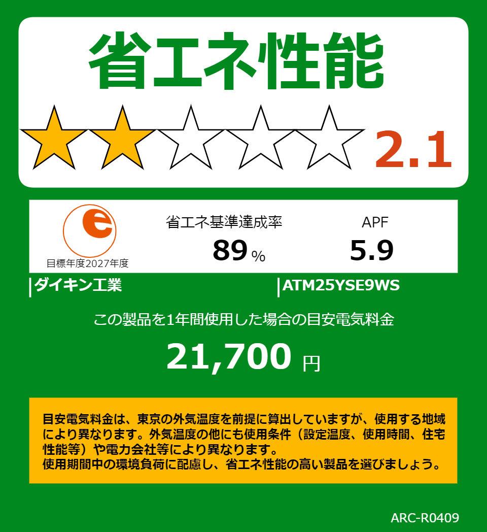 ATM25YSE9WSの省エネラベル