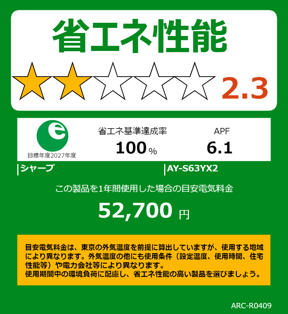 AY-S63YX2の省エネラベル