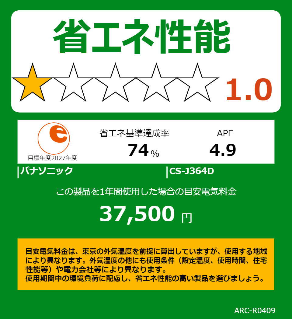 CS-J364Dの省エネラベル