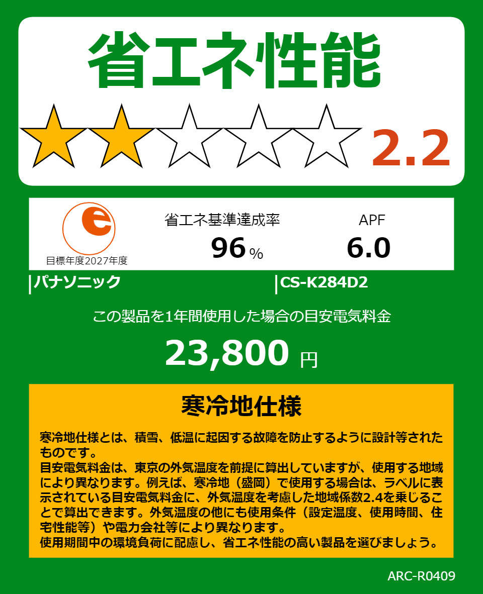 CS-K284D2の省エネラベル
