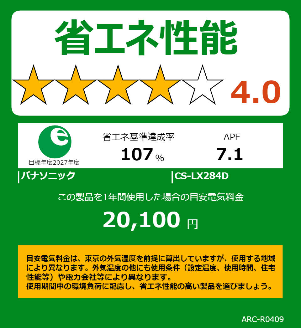 CS-LX284Dの省エネラベル