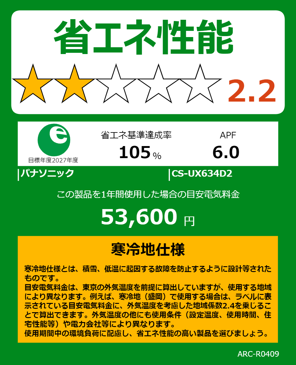 CS-UX634D2の省エネラベル