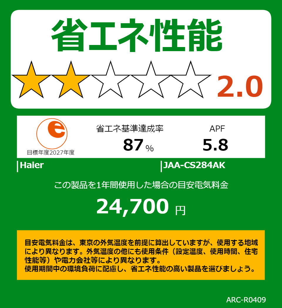 JAA-CS284AKの省エネラベル