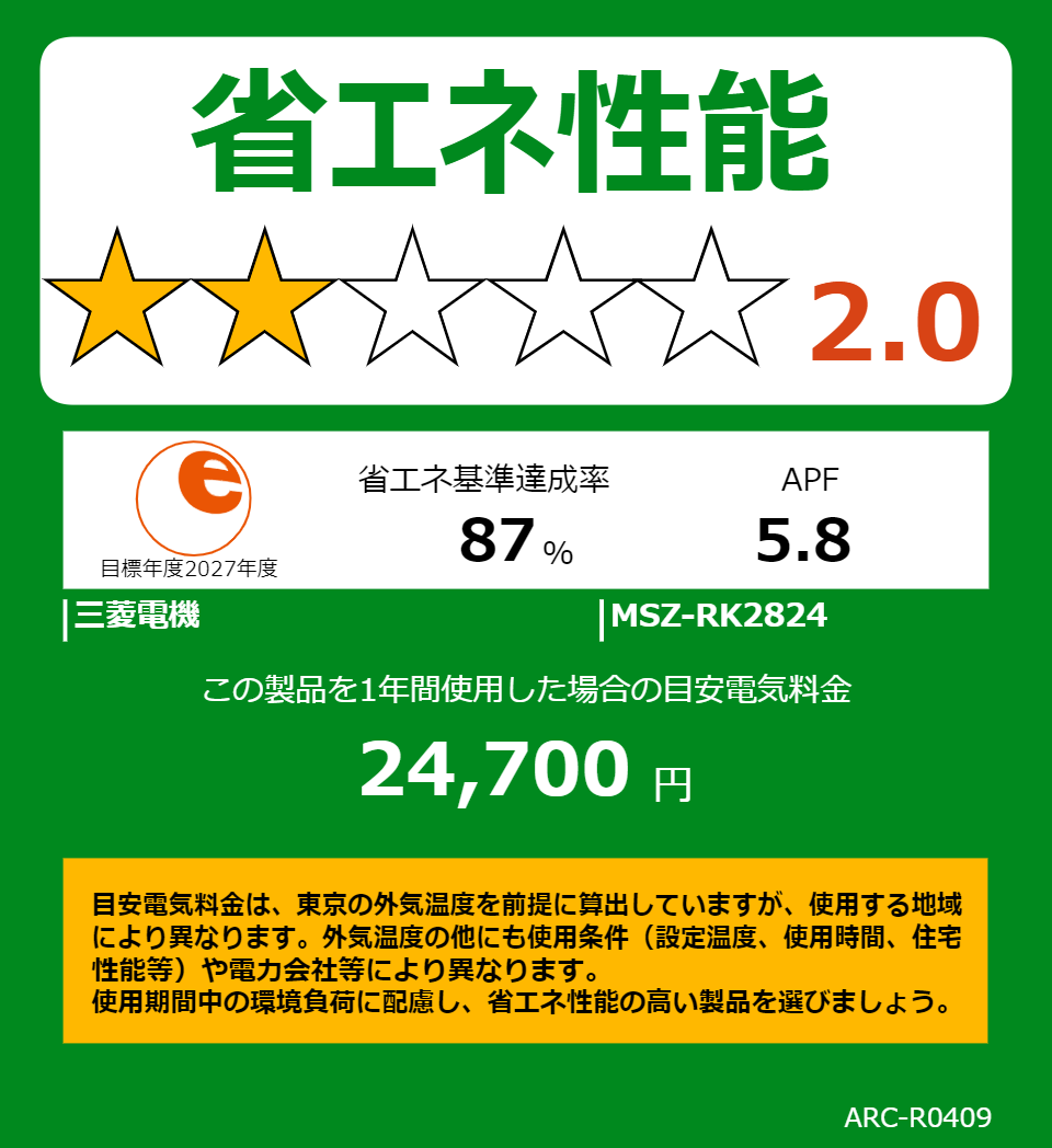MSZ-RK2824の省エネラベル