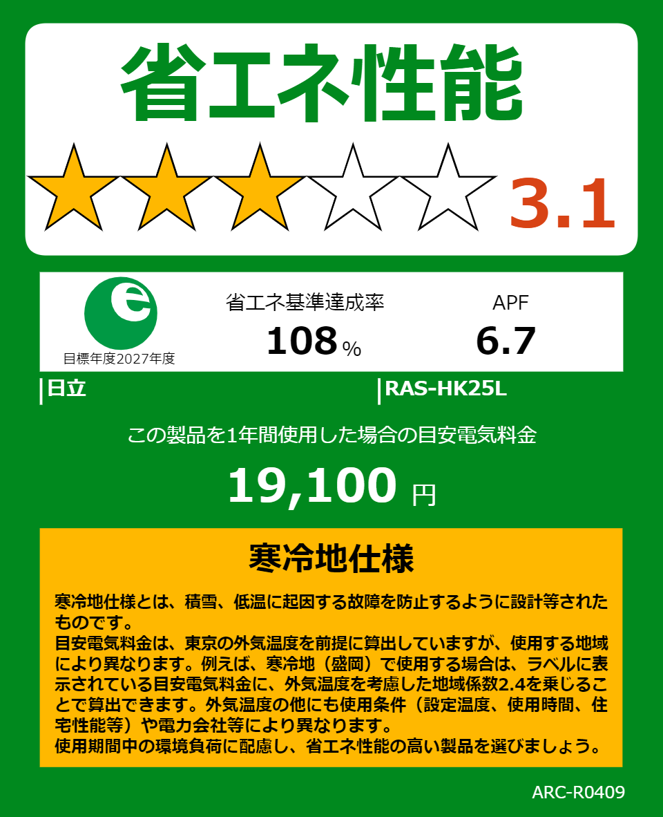 RAS-HK25Lの省エネラベル