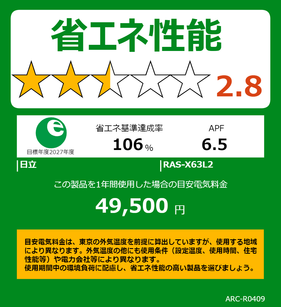 RAS-X63L2の省エネラベル
