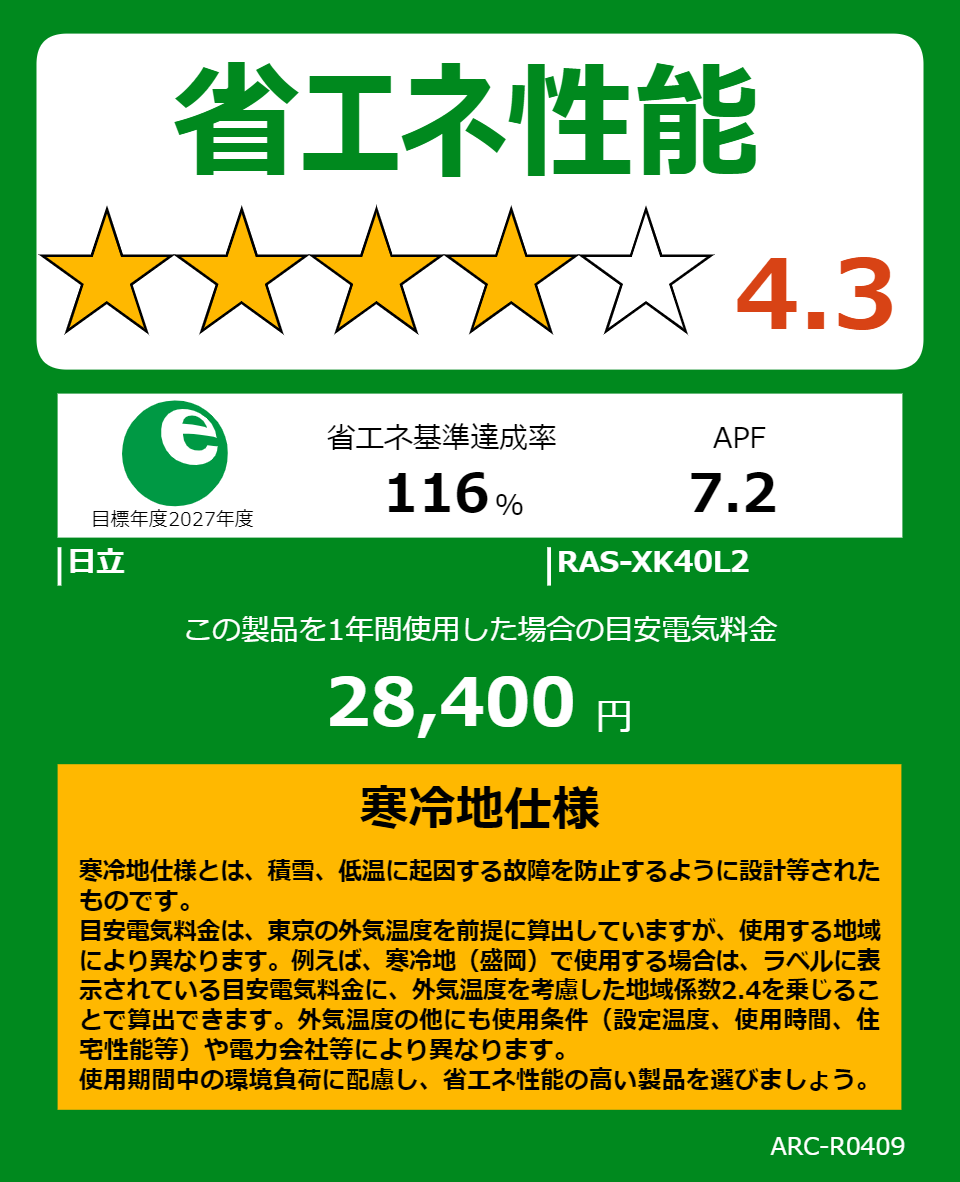 RAS-XK40L2の省エネラベル