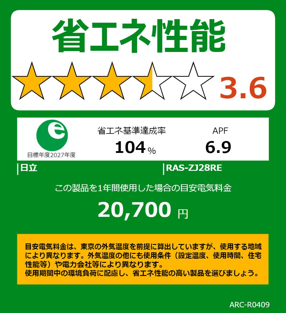 RAS-ZJ28REの省エネラベル