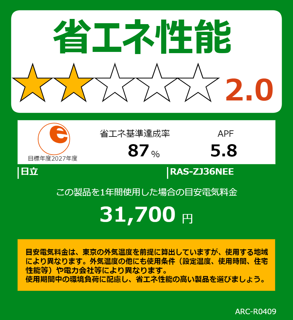 RAS-ZJ36NEEの省エネラベル