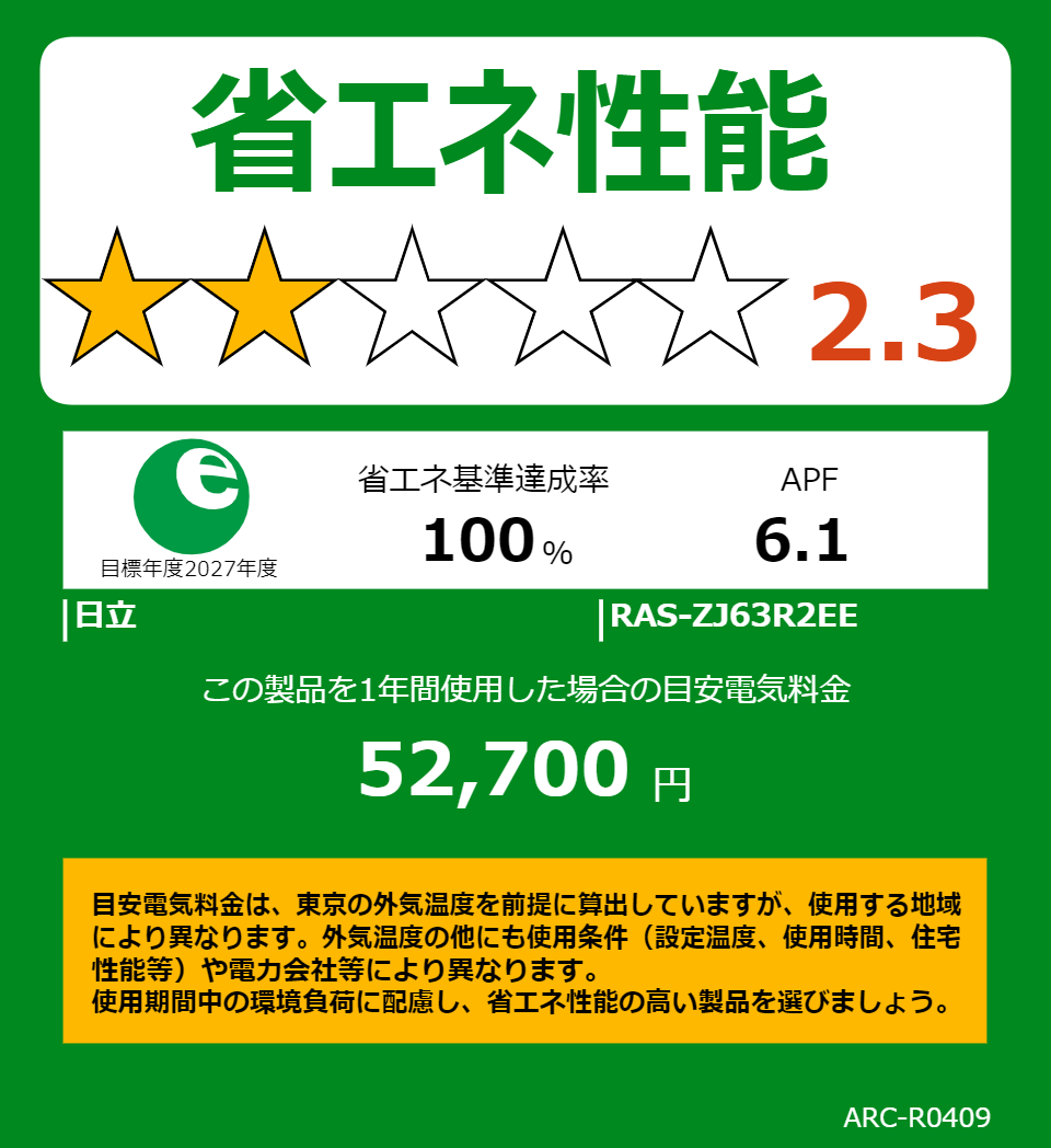 RAS-ZJ63R2EEの省エネラベル