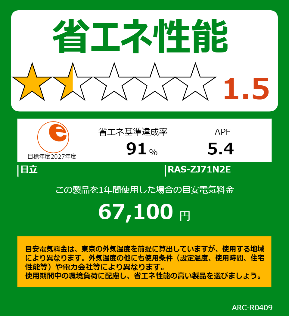 RAS-ZJ71N2Eの省エネラベル