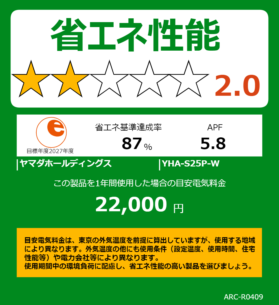 YHA-S25P-Wの省エネラベル